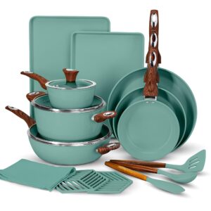 phantom chef 18-piece cookware set | non-stick ceramic coating | oven & dishwasher safe | pfoa-free | aluminum pots & pans set with lids | stay-cool handles | induction stovetop compatible (green)