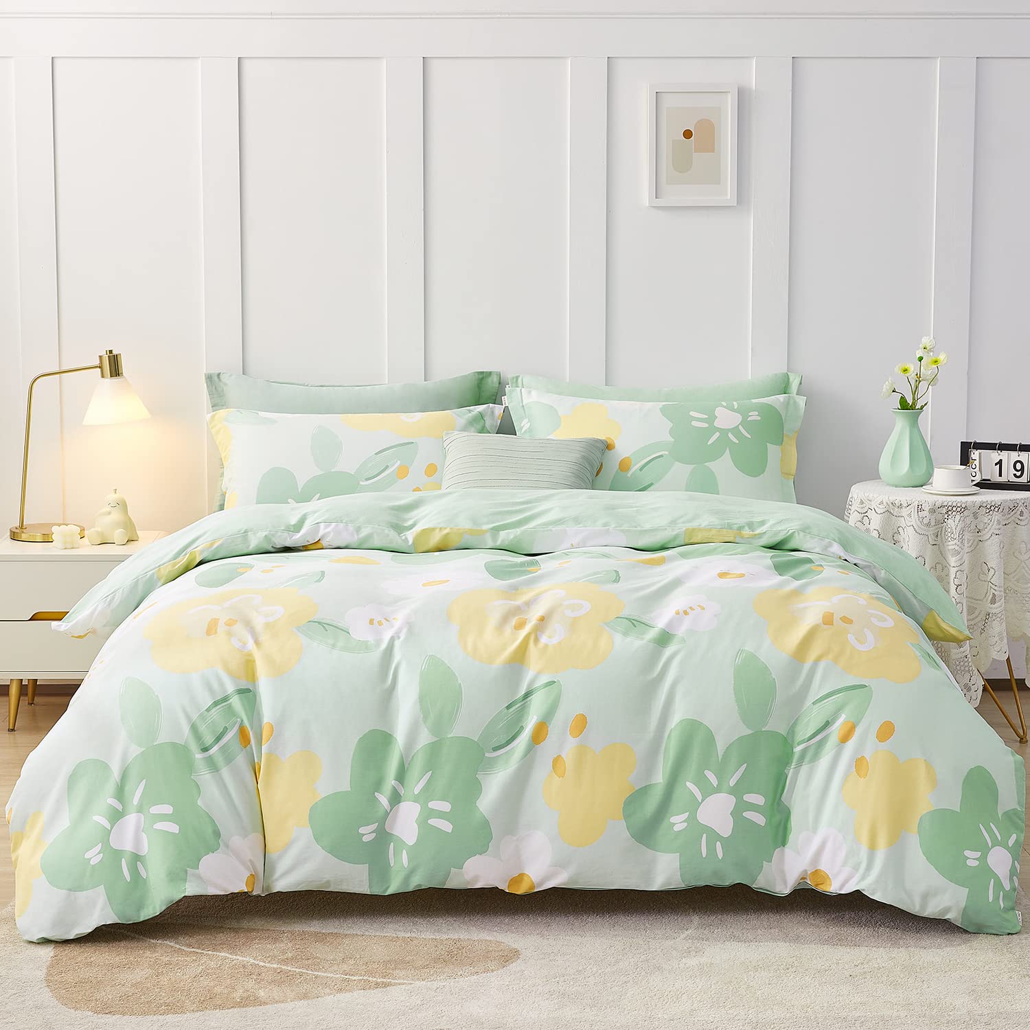 SAPHREAS California King Size Green Floral Duvet Cover Set 4pcs Comforter Cover Set with Fitted Sheet 1 Duvet Cover 98"x104" 1 Fitted Sheet 2 Pillow Shams(No Comforter)