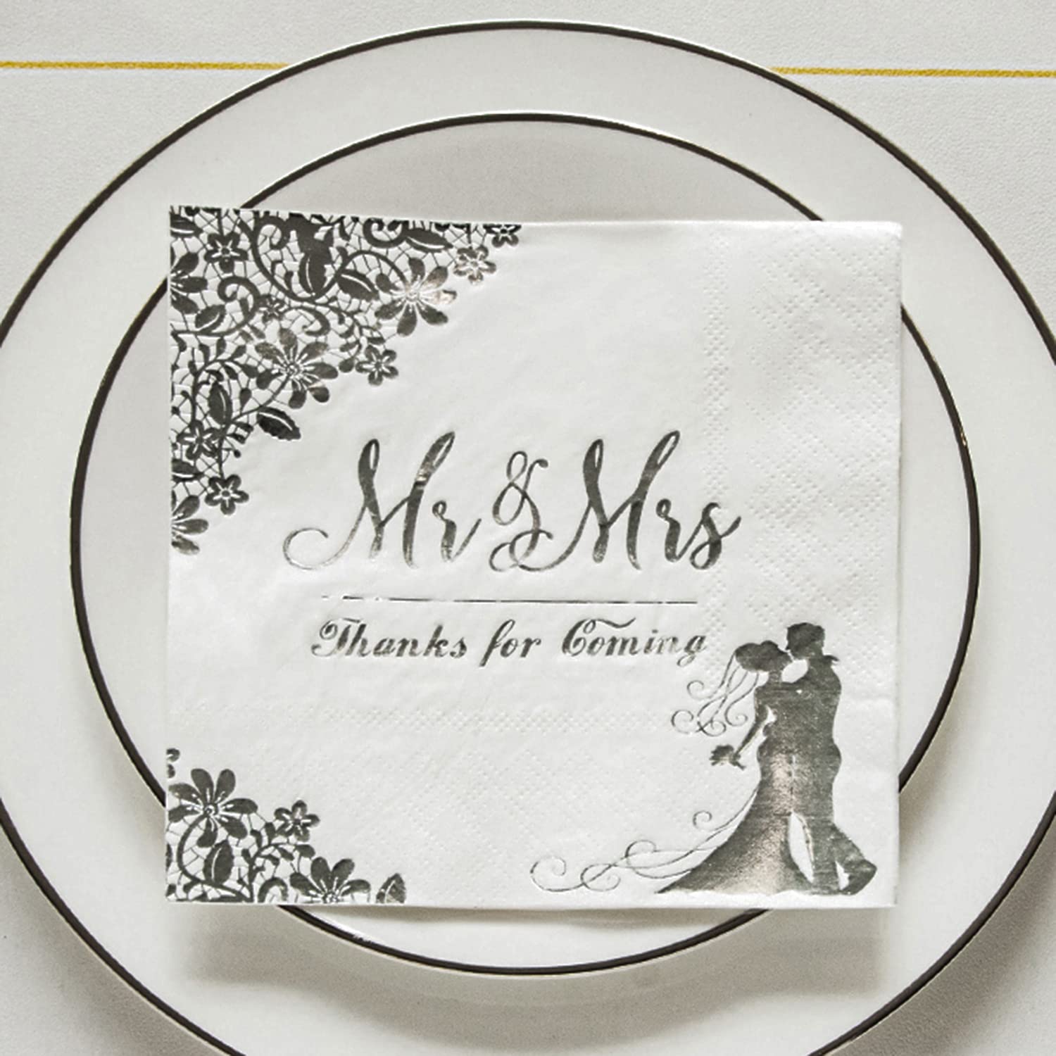 200 Pcs Silver Wedding Napkins for Reception Mr and Mrs Wedding Cocktail Napkins, Disposable Napkins for Wedding, Engagement, Bridal Shower Party Decorations