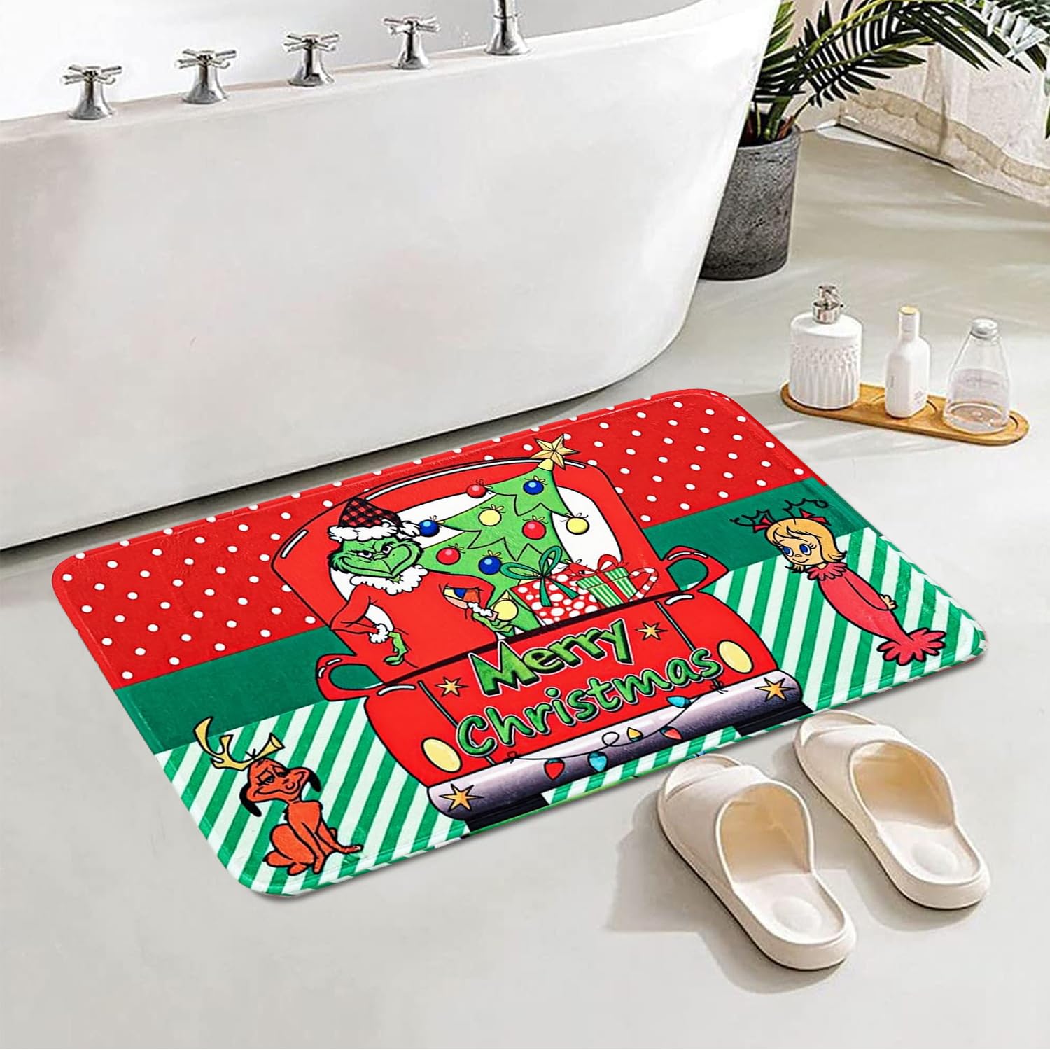 EVECILOO Christma Door Mat, Green Cartoon Character Car Kitchen Rug Decor of Winter Holiday Party Home Decorations Non-Slip, Washable, Stain and Resistant Fade, Car