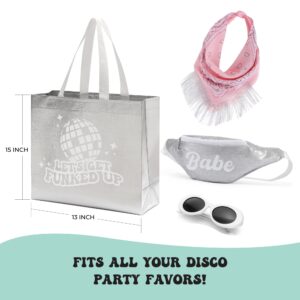 Pop Fizz Designs Last Disco Bachelorette Gift Bags (Set of 7) 70s Bachelorette Party Favors Bags I Let’s Get Funked Up Non-Woven Disco Tote Gift Bags I Iridescent Bridesmaid Bags