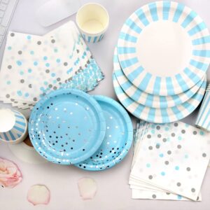 KEFAN Light Blue Striped Party Supplies, Blue and Silver Birthday Party, Sky Blue Paper Plates and Napkins Set for Boys Baby Shower Birthday Graduation Summer Blue Party, Services 40 (Light blue)