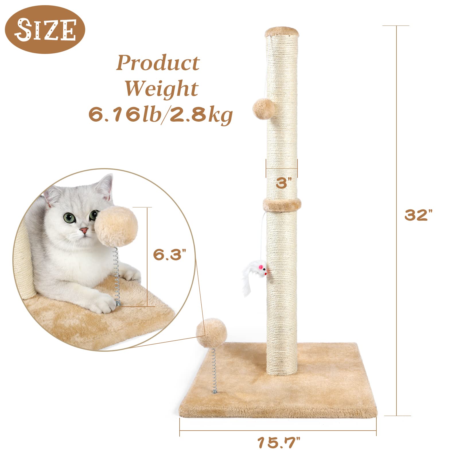 ANWA 32" Tall Cat Scratching Posts for Indoor Cats, 3-in-1 Cat Scratching Post with Plush Toys, Premium Sisal Post for Cats at All Ages with Reinforced Stable Base