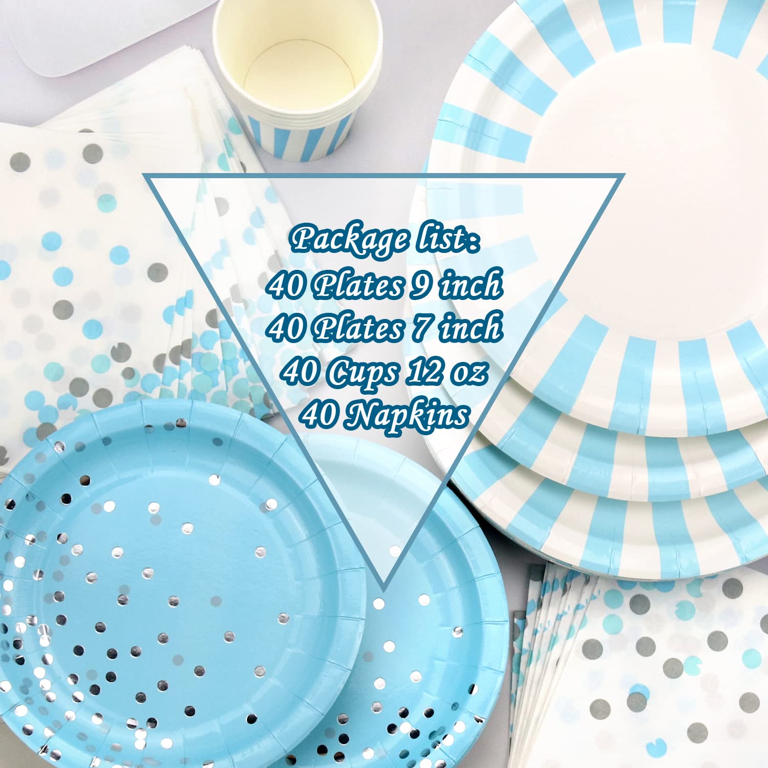 KEFAN Light Blue Striped Party Supplies, Blue and Silver Birthday Party, Sky Blue Paper Plates and Napkins Set for Boys Baby Shower Birthday Graduation Summer Blue Party, Services 40 (Light blue)