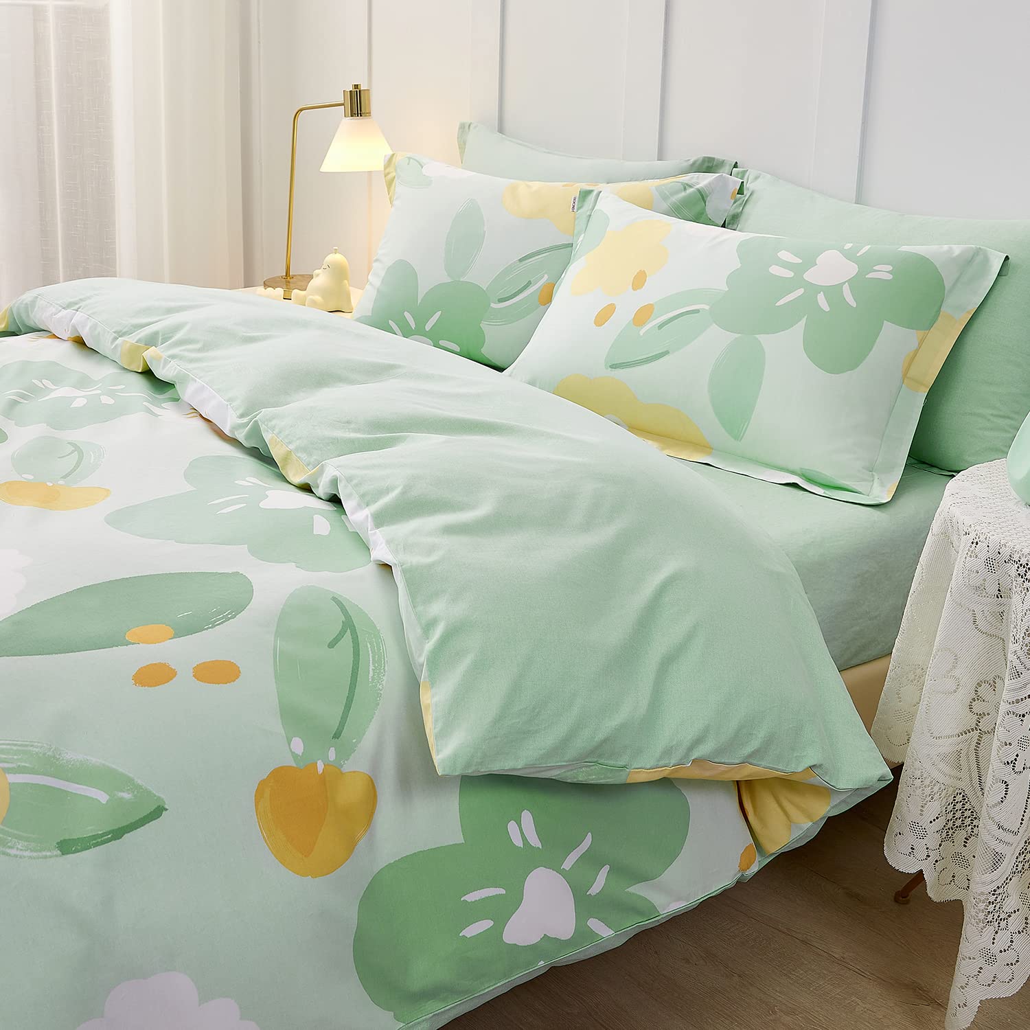 SAPHREAS California King Size Green Floral Duvet Cover Set 4pcs Comforter Cover Set with Fitted Sheet 1 Duvet Cover 98"x104" 1 Fitted Sheet 2 Pillow Shams(No Comforter)