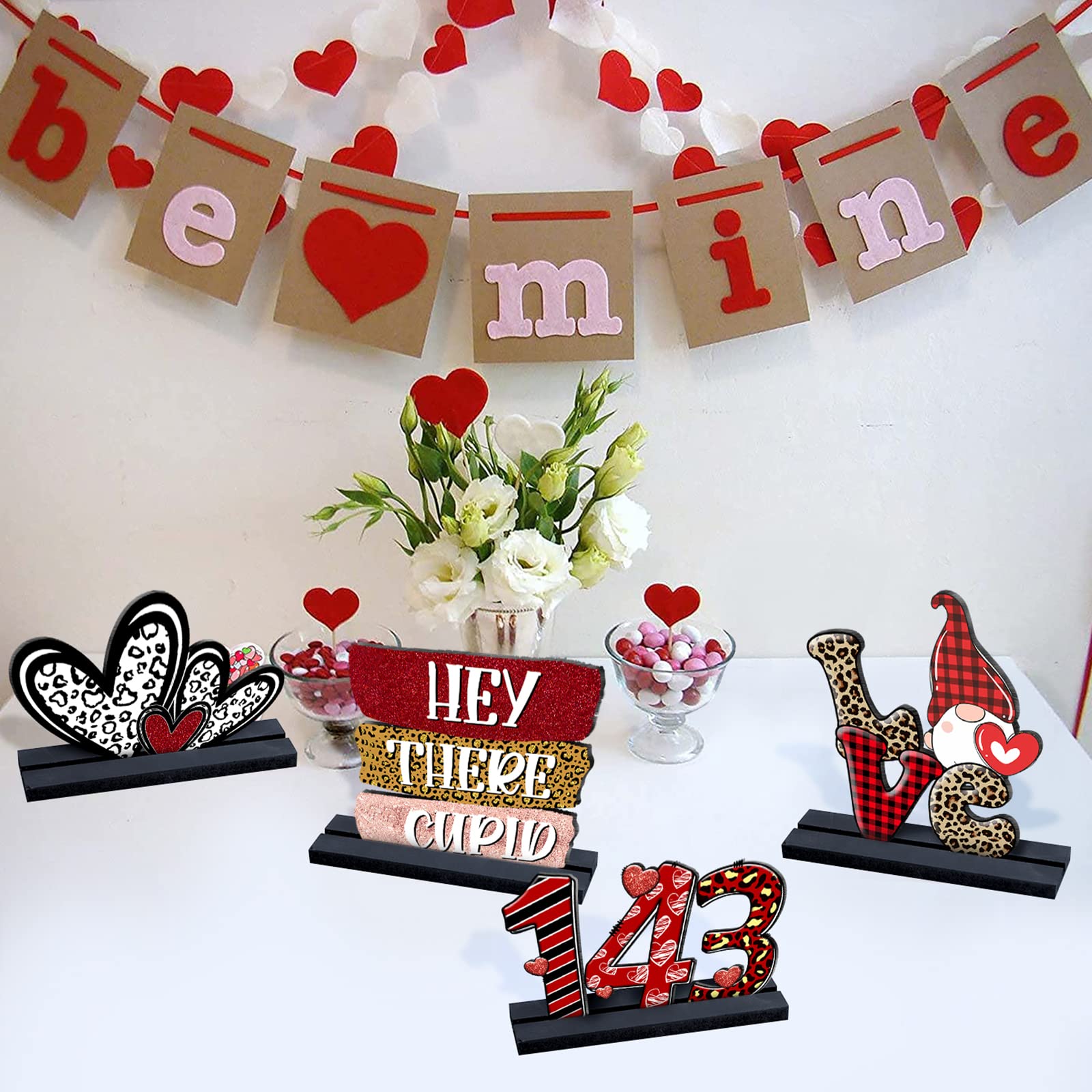 clothmile 4 Pieces Valentine's Day Wooden Heart Sign Hey There Couple Kiss Love Wood Blocks for Happy Valentine's Day Party Table Desk Home Decoration Wedding Decor (valentine 143)