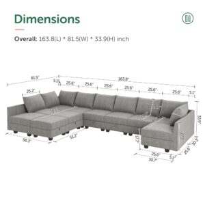 HONBAY Convertible U Shaped Modular Sofa with Chaise Modular Sectional Couch with Storage, Oversized Modular Sofa Sectional Couch for Large Living Room,Grey