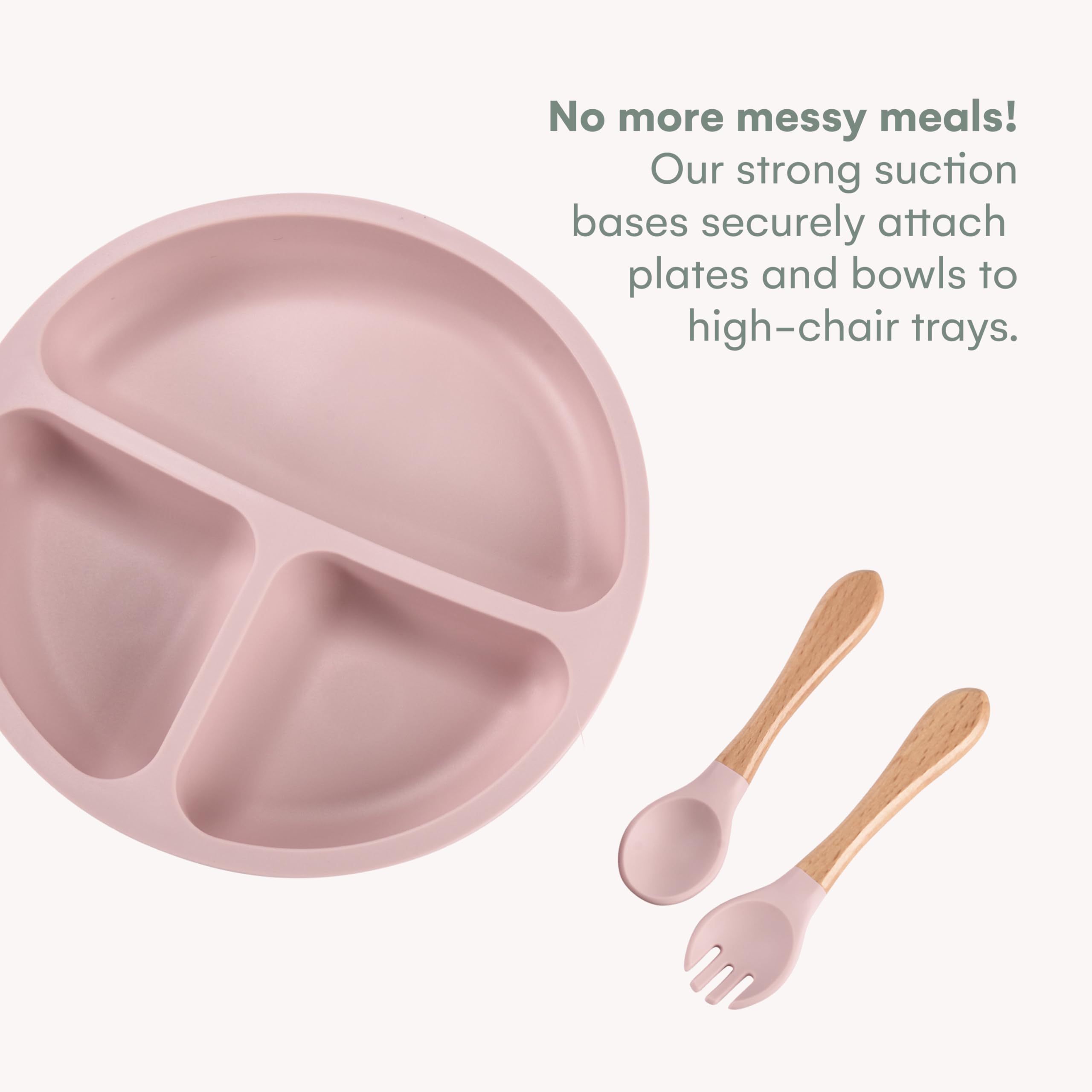 Childlike Behavior Baby Led Weaning Set 6 - Silicone Baby Feeding Set - Pastel Pink Self Feeding Baby Wooden Fork and Spoon, Plates, Bibs - Easy to Grip - Eating Learning Essentials