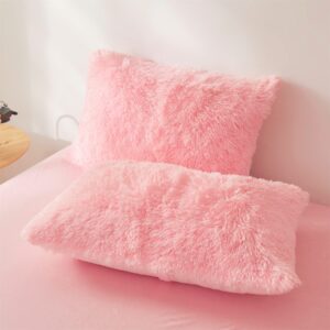 Fluffy Pink Twin Size Comforter Cover - Ultra Soft Plush Bedding Set With Faux Fur and Fuzzy Pillowcase for Girls Bedroom (Light Pink)