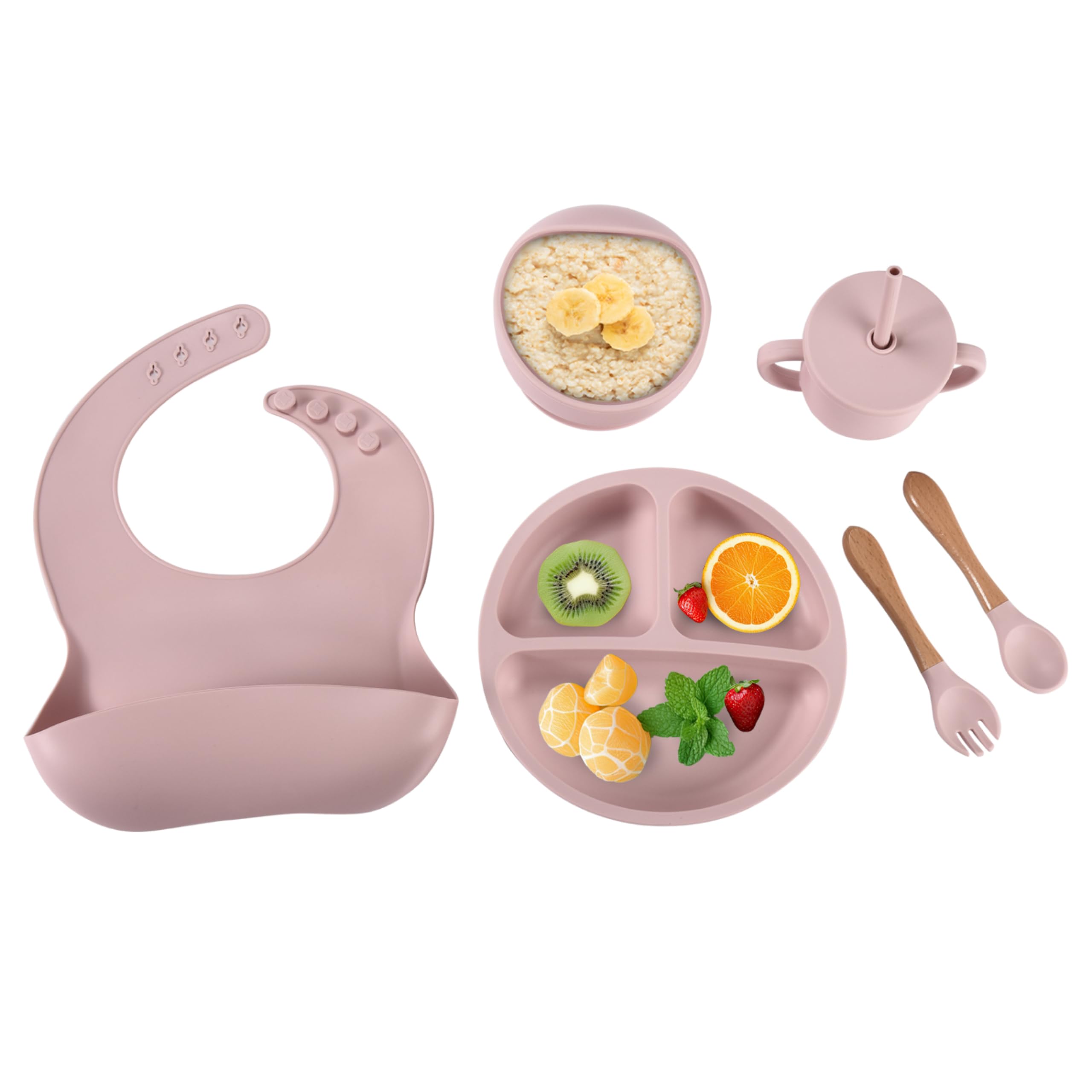 Childlike Behavior Baby Led Weaning Set 6 - Silicone Baby Feeding Set - Pastel Pink Self Feeding Baby Wooden Fork and Spoon, Plates, Bibs - Easy to Grip - Eating Learning Essentials