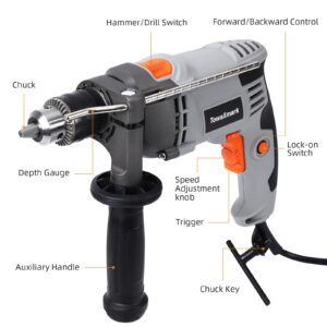 Towallmark 7.5-Amp Hammer Drill with Aluminum Alloy Housing, 1/2-Inch Corded Electric Hammer Drill with 3000RPM, Variable Speed, 15 Drill Bits with Toolbox for Home Improvement, DIY