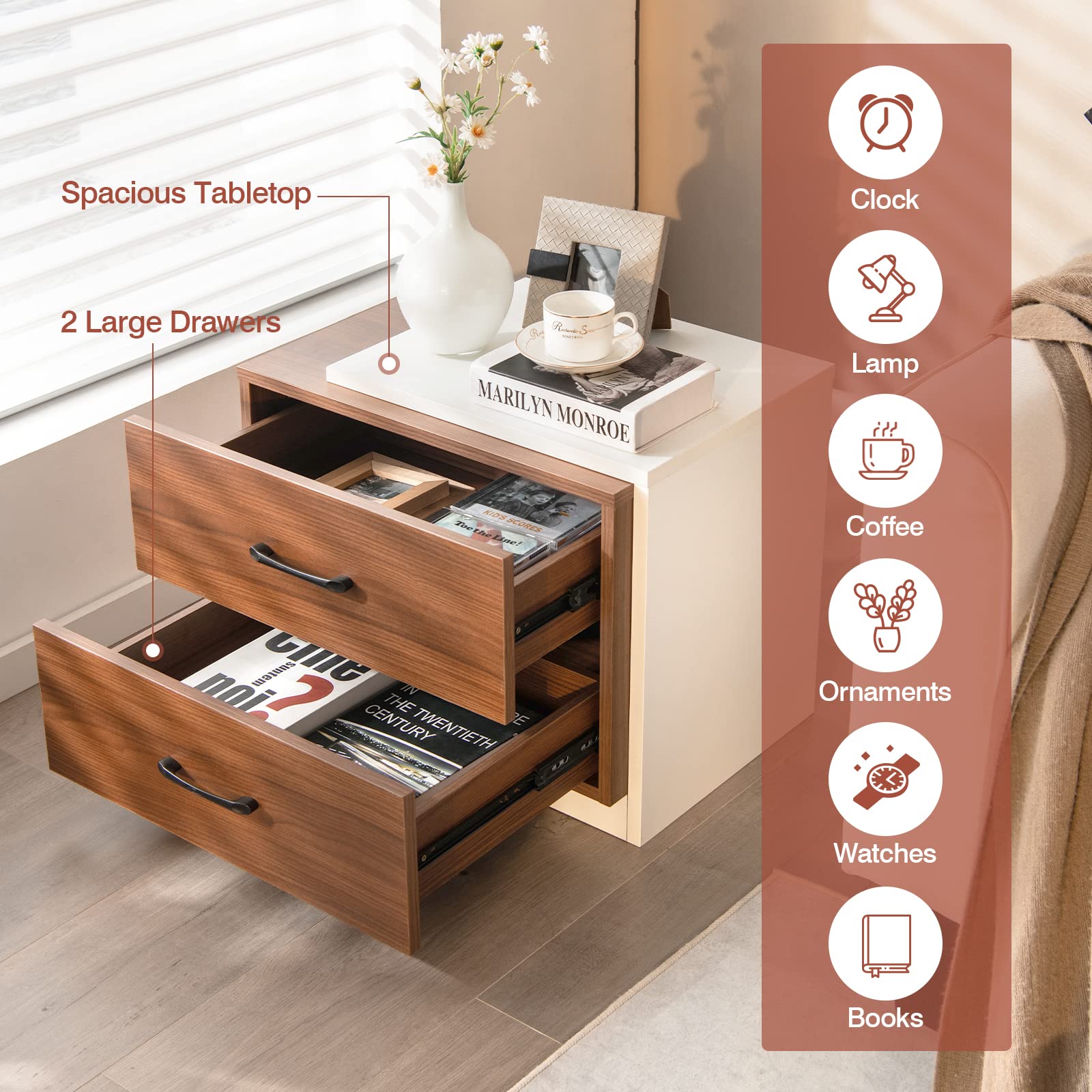 LOKO Modern Nightstand with 2 Drawers, Wooden Bedside Table with Unique Framed Design, Multifunctional End Table for Bedroom, Study, 21.5 x 16 x 18 inches, Walnut & White