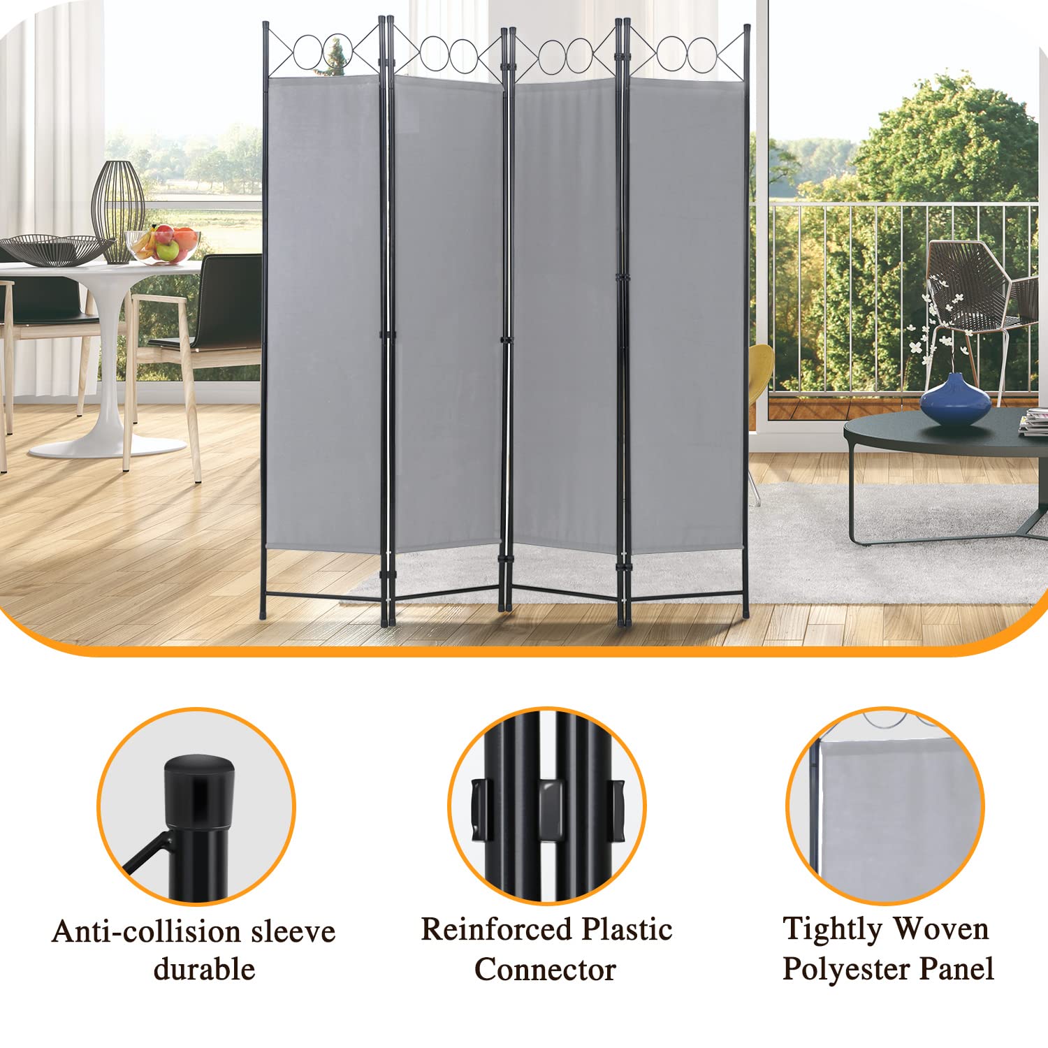 Room Divider,Folding Privacy Screen 4 Panels Portable Wall Divider Partition Room Dividers for Home Office Room Separation,Grey