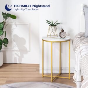 TECHMILLY Round End Table, Faux Marble Sofa Table, Accent Side Table with Metal Frame, Modern Gold Nightstand, Tall Coffee Table for Living Room, Bedroom-2 Packs