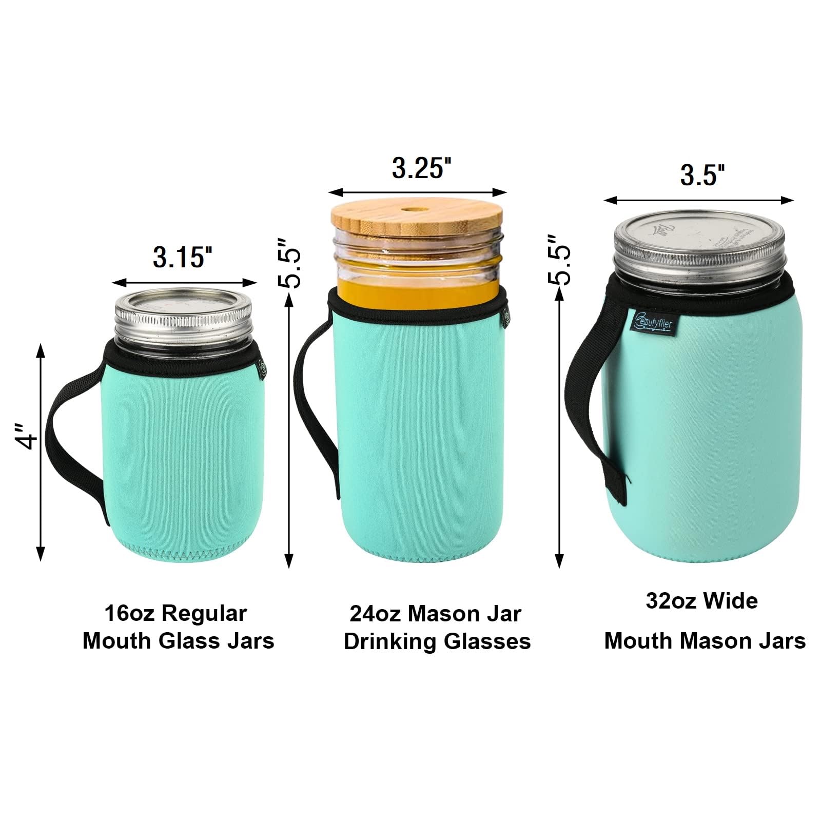 Beautyflier 16oz Regular Mouth Mason Jars Neoprene Sleeve, Mason Jars Drinking Glasses Neoprene Cover, Wide Mouth Pint 16-Ounce Glass Mason Jar Insulators with Handle, Sleeve Only