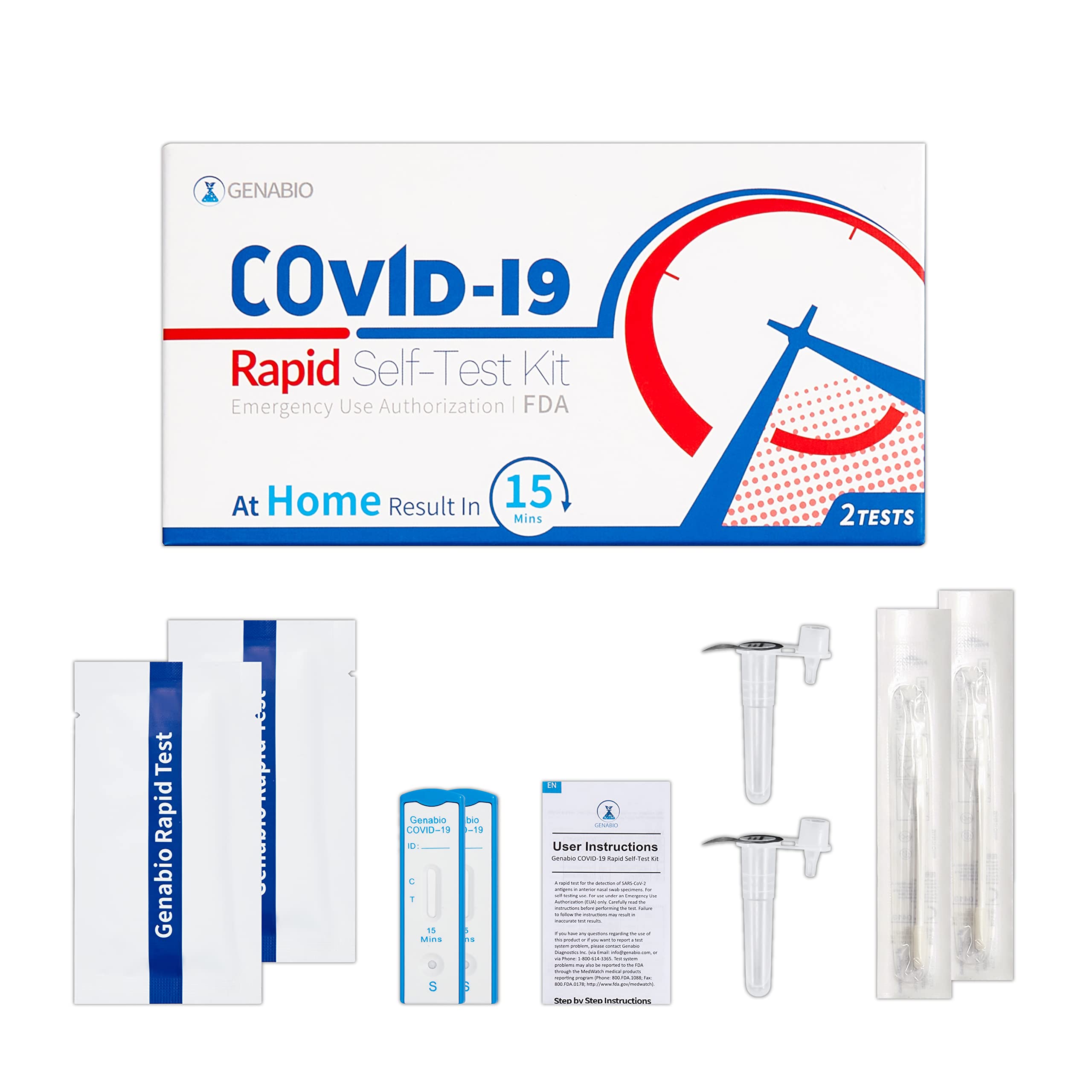 Genabio COVID-19 Antigen Rapid Test, 1 Pack 2 Tests Total, FDA EUA Authorized, 15 Minute Results, OTC at Home Self Test,Non-Invasive Short Nasal Swab, Easy to Use, (2 Pack)