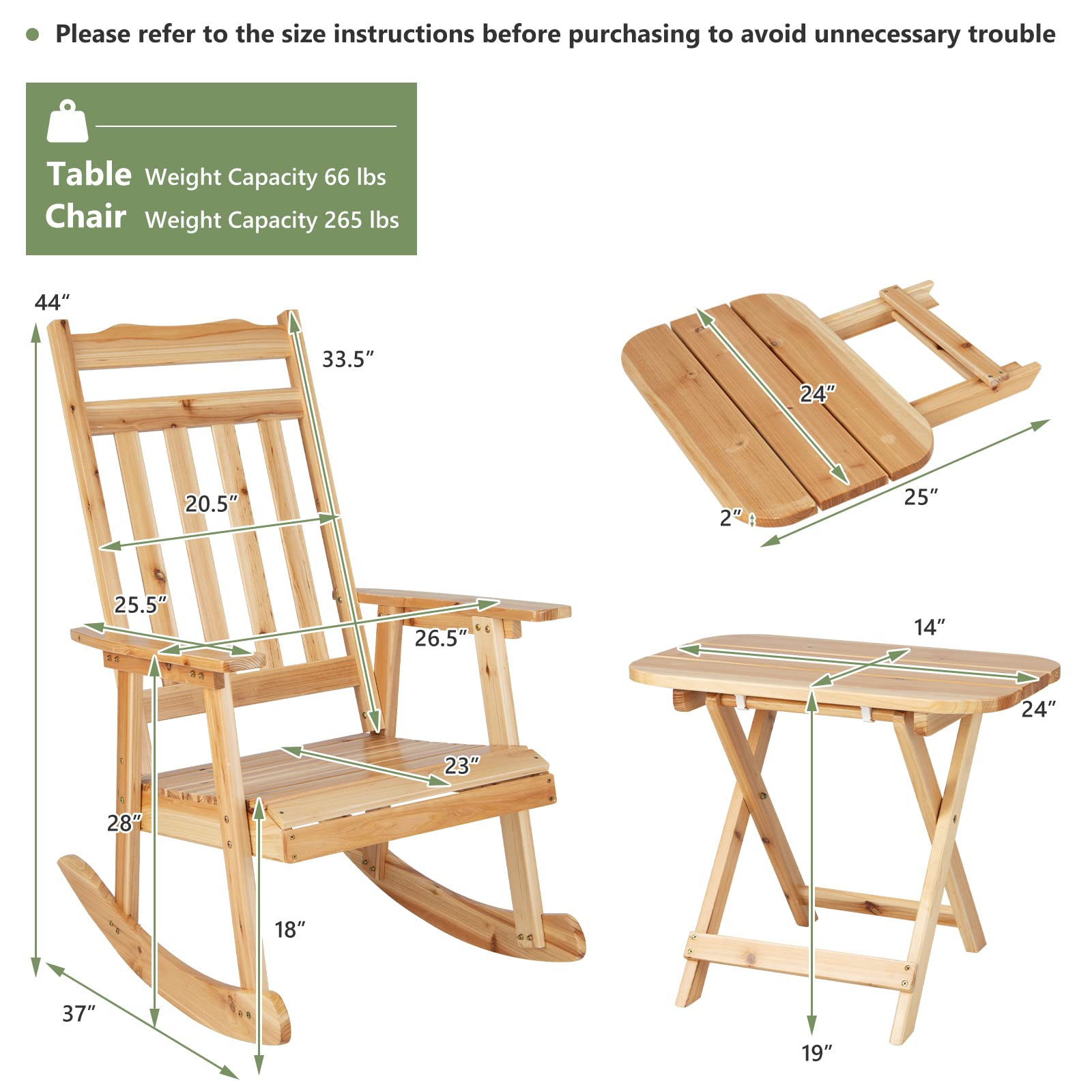 Giantex Outdoor Rocking Chair Set, Front Wooden Rocking Chair, Fir Wood Porch Rocker with Foldable Side Table, Patio Rocker Bistro Set for Backyard, Garden, Poolside, Balcony (1, Natural)