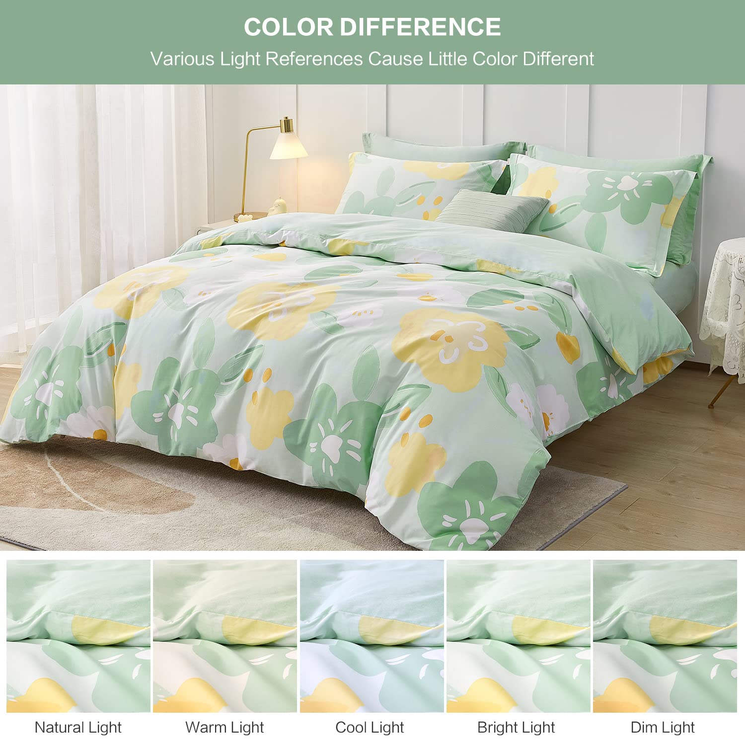 SAPHREAS California King Size Green Floral Duvet Cover Set 4pcs Comforter Cover Set with Fitted Sheet 1 Duvet Cover 98"x104" 1 Fitted Sheet 2 Pillow Shams(No Comforter)