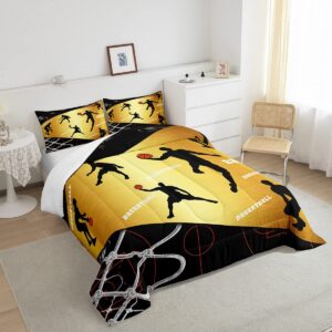 Sports Themed Comforter Sets for Teens Youth,Golden Black Basketball Bedding Sets Kids Gift,Basketball Player Sketch Duvet Insert,Geometric Ball Game Pattern Down Comforter with 2 Pillow Shams,King