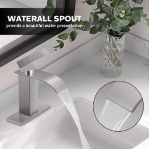 KZH Waterfall Bathroom Faucet,Single Handle 1 or 3 Hole Bathroom Sink Faucet Washbasin Faucet,Rv Vanity Faucet with Deck Plate, Pop-up Drain and Supply Hoses Brushed Nickel