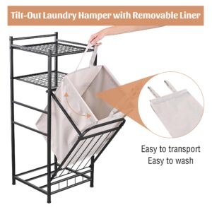 PLKOW Tilt Out Laundry Hamper with Shelf, Laundry Basket Laundry Hamper Cabinet with Removable Liner Bag, 65 Liter, 15.8L x 15.8W x 40H Inch