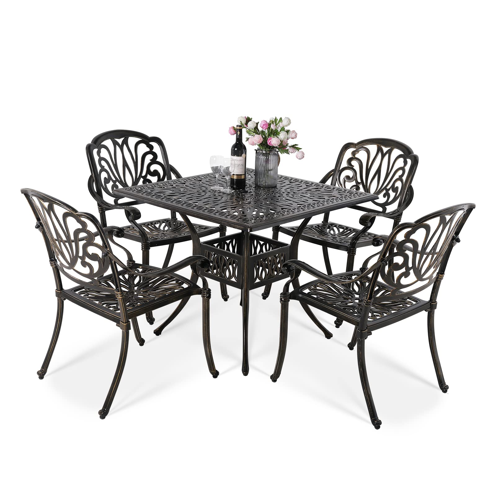 VIVIJASON 5-Piece Outdoor Cast Aluminum Patio Dining Set, All-Weather Conversation Furniture Set, Include 4 Chairs and a 35.4 inch Square Table w/Umbrella Hole for Balcony, Lawn, Garden, Backyard