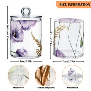 ALAZA 2 Pack Qtip Holder Dispenser for Cotton Ball Watercolor Flowers Purple Poppies Cotton Swab Cotton Round Pads Clear Plastic Acrylic Jar Set Bathroom Canister