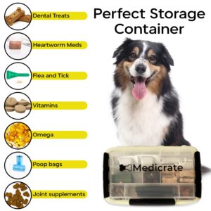 Medicrate Dog Storage Organizer - Multipurpose Organizational box for Storing Treats, Medication, Poop Bags, Pet Supplements & Chews - Adjustable Container Compartments for Weekly/Monthly Planning