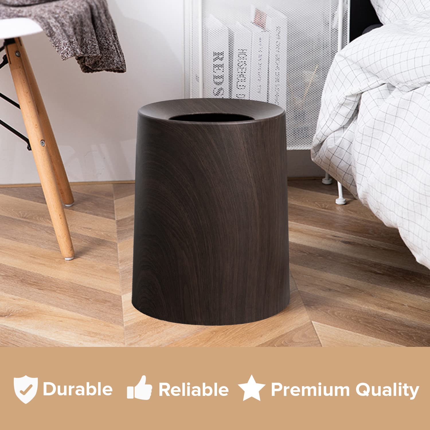 Spill Proof Kids Pet Friendly Garbage Can - Dark Walnut Wood Color Trash Bin - Top Indoor Outdoor Office Bedroom Bathroom - 3.2Gal - Patio Bar Loft Den - Round Designer Waste Basket - 10inx10inx12in