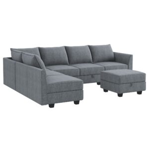 HONBAY Modular Sectional Sofa with Storage Ottoman Fabric Modular Couch with Reversible Chaise 6-Seater L Shape Corner Sofa Sectional Couch, Bluish Grey