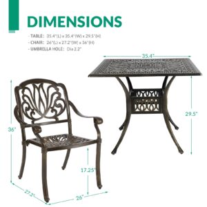 VIVIJASON 5-Piece Outdoor Cast Aluminum Patio Dining Set, All-Weather Conversation Furniture Set, Include 4 Chairs and a 35.4 inch Square Table w/Umbrella Hole for Balcony, Lawn, Garden, Backyard