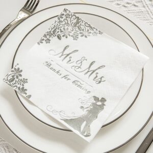 200 Pcs Silver Wedding Napkins for Reception Mr and Mrs Wedding Cocktail Napkins, Disposable Napkins for Wedding, Engagement, Bridal Shower Party Decorations