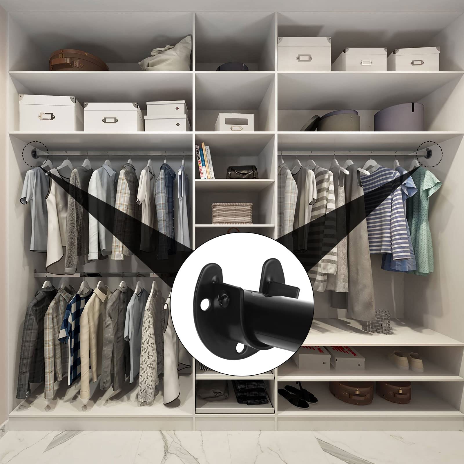 12PCS Closet Rod Brackets Heavy Duty Closet Shower Rod Holders 1In Closet Pole Socket Stainless Steel Closet Rod Support U Shaped Curtain Flange Rod Holder with Screw for Closet Shelf Wardrobe Black