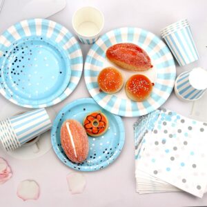 KEFAN Light Blue Striped Party Supplies, Blue and Silver Birthday Party, Sky Blue Paper Plates and Napkins Set for Boys Baby Shower Birthday Graduation Summer Blue Party, Services 40 (Light blue)