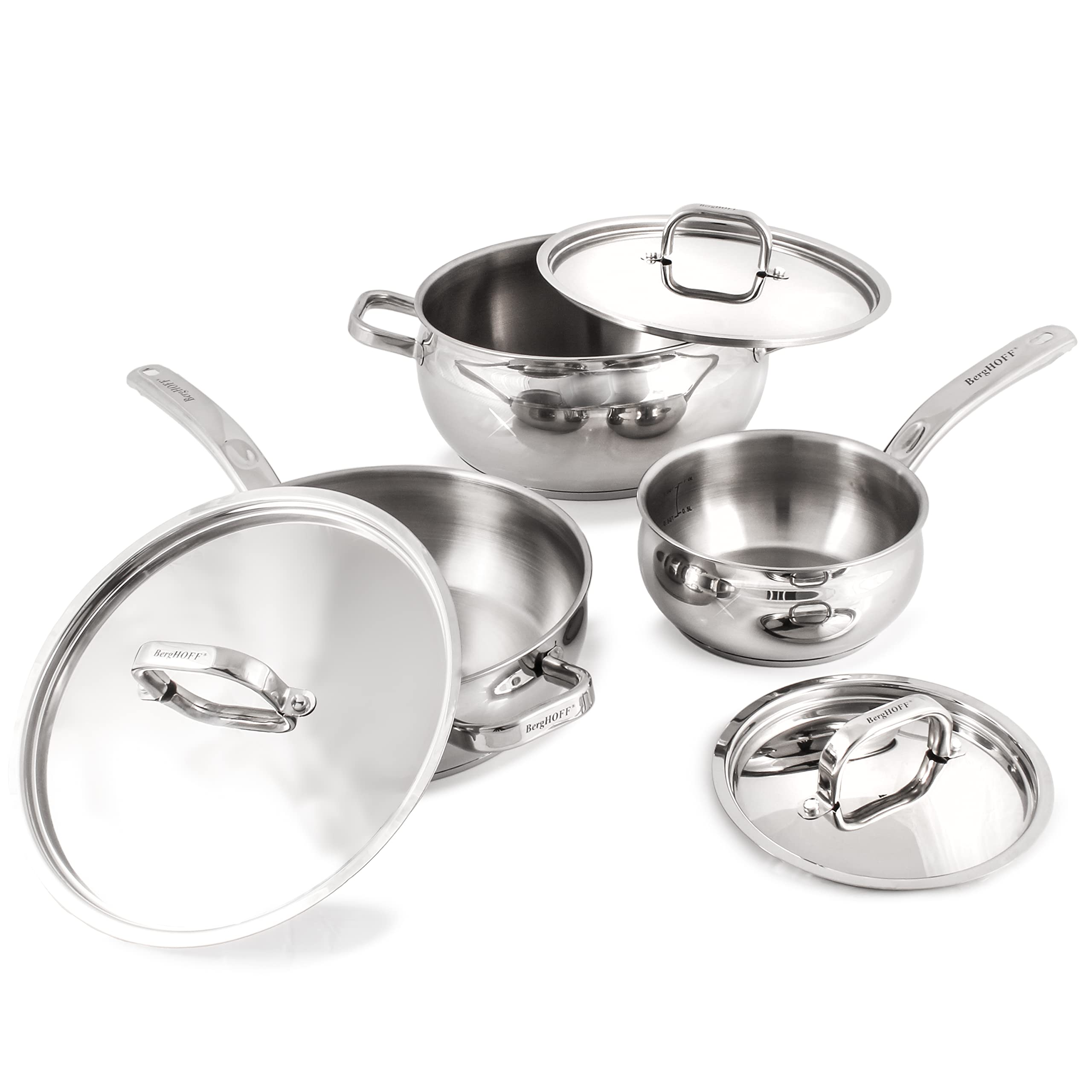 BergHOFF Belly Shape 18/10 Stainless Steel 6Pc Starter Cookware Set, Metal Lids, Fast, Evenly Heat, Induction Cooktop Ready