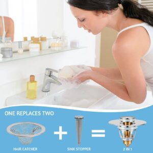 2Pcs Bathroom Sink Stoppers ，Pop Up Drain Stopper for Bathroom Sink，‎2-in-1 Sink Stopper & Strainer,Universal Wash Basin Sink Stopper，for 1.1"~1.5" Bathroom Sink Drain（Silver）