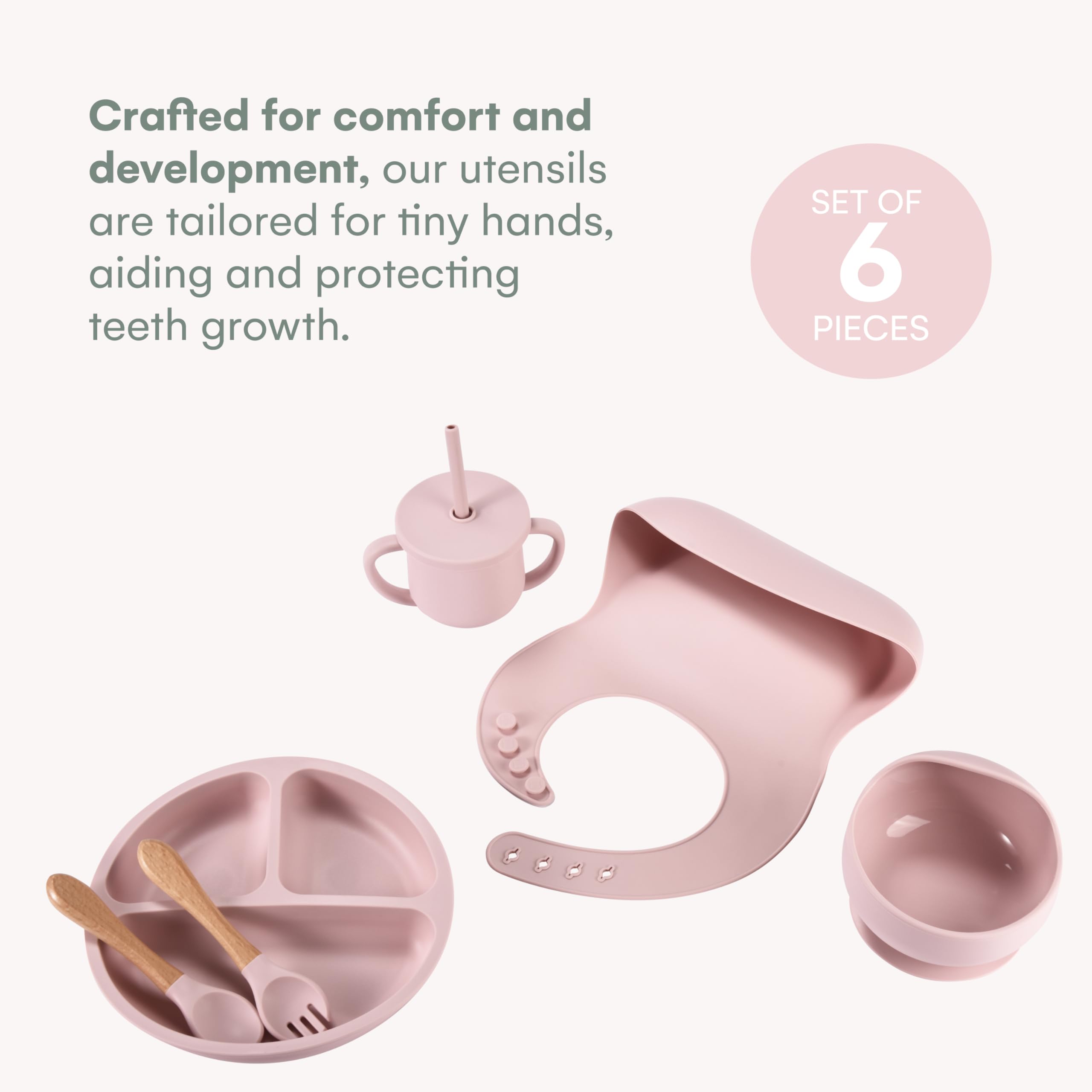 Childlike Behavior Baby Led Weaning Set 6 - Silicone Baby Feeding Set - Pastel Pink Self Feeding Baby Wooden Fork and Spoon, Plates, Bibs - Easy to Grip - Eating Learning Essentials