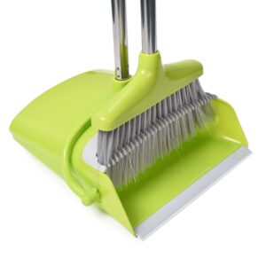 easy gleam broom and dustpan set - heavy-duty combo set for home cleaning - stand-up long dustpan and brush with built-in scraper, teeth, clip-on storage - cleaning supplies for kitchen, lobby room