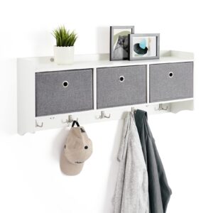 mondeer coat rack with shelf, storage unit wall mounted with 3 baskets 5 hooks wooden modern style for hallway entryway living room, w98 x h40 x d22 cm, white