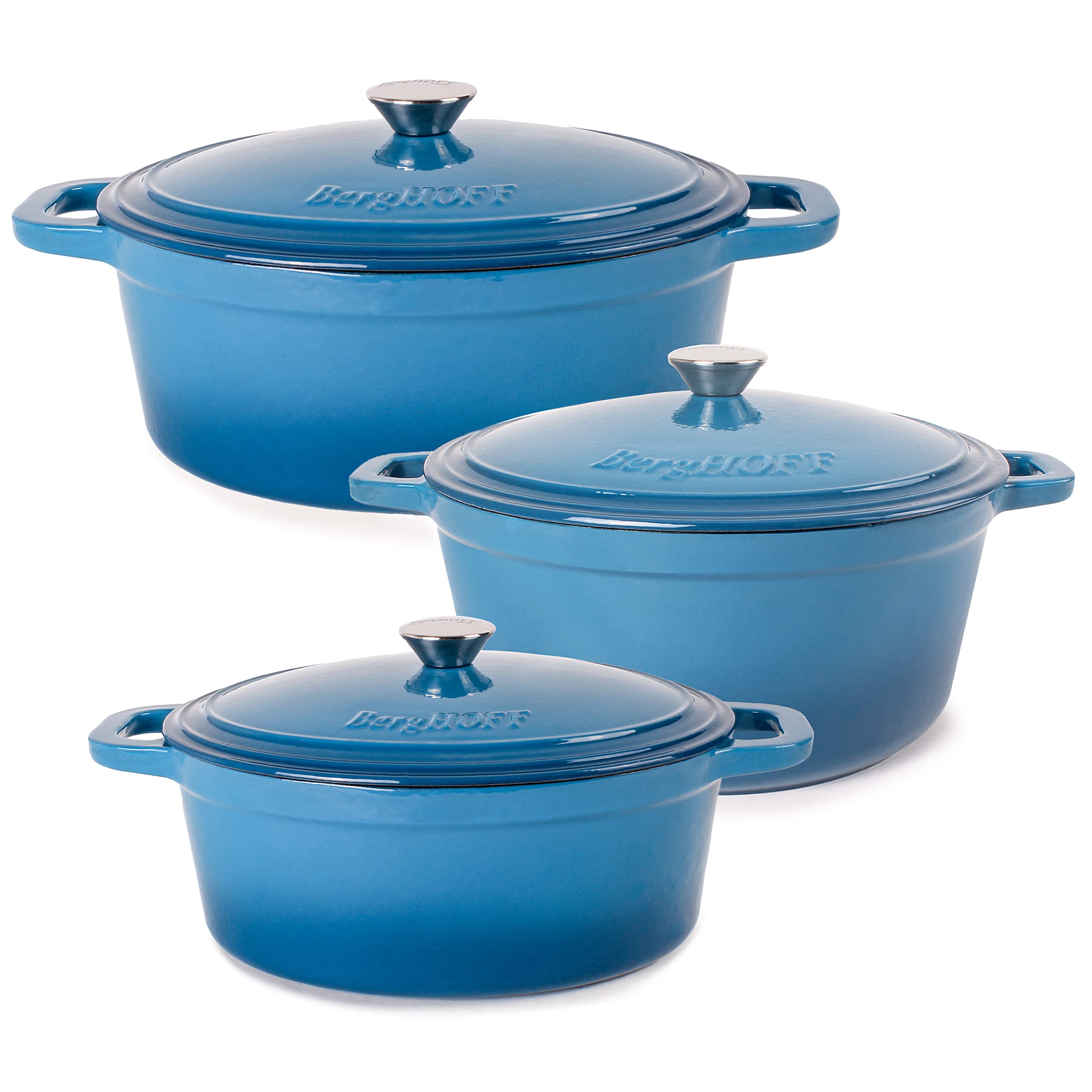 BergHOFF 6Pc Neo Enameled Cast Iron Dutch Oven Set, Matching Lid,Fast, Evenly Heat, Oven Safe, Blue