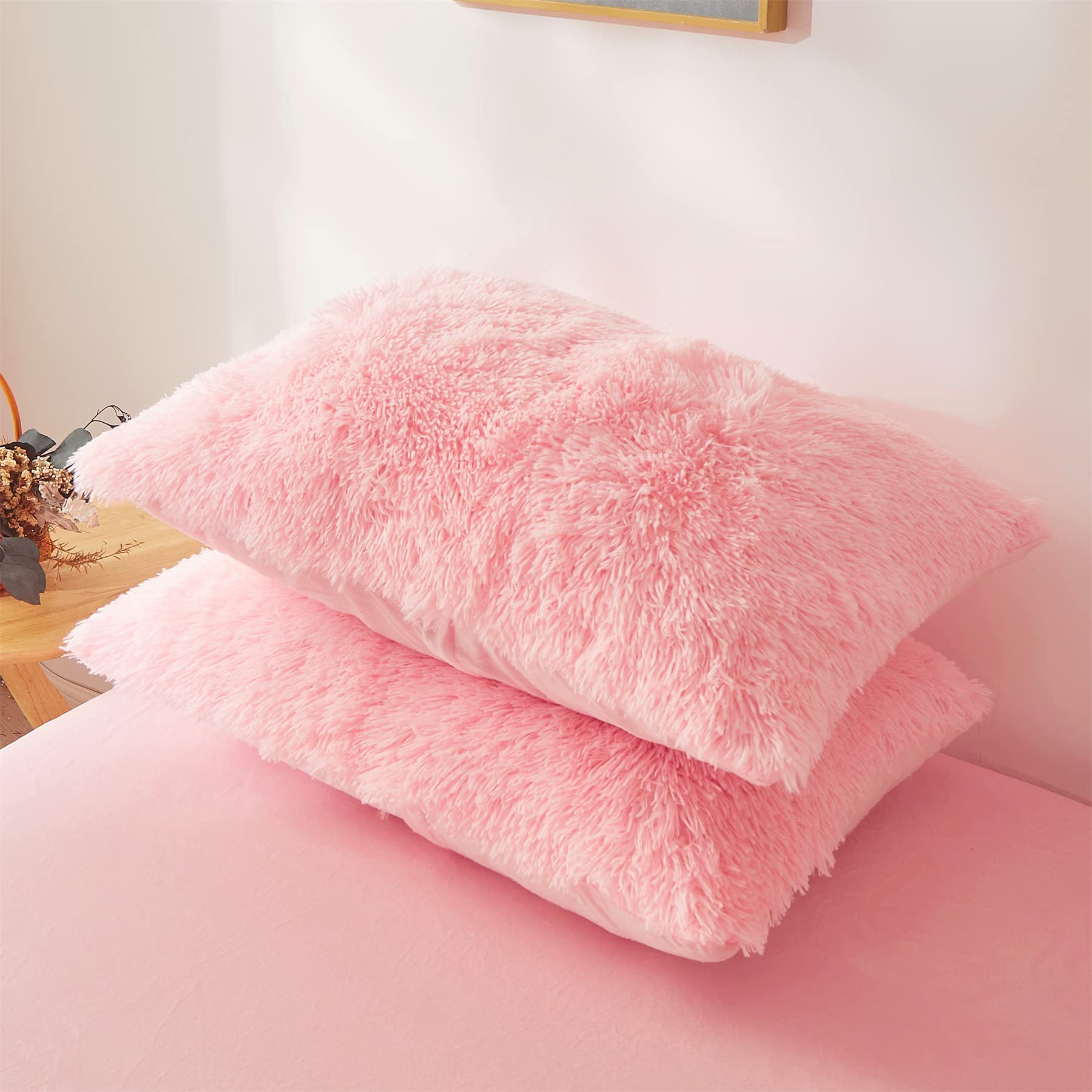 Fluffy Pink Twin Size Comforter Cover - Ultra Soft Plush Bedding Set With Faux Fur and Fuzzy Pillowcase for Girls Bedroom (Light Pink)