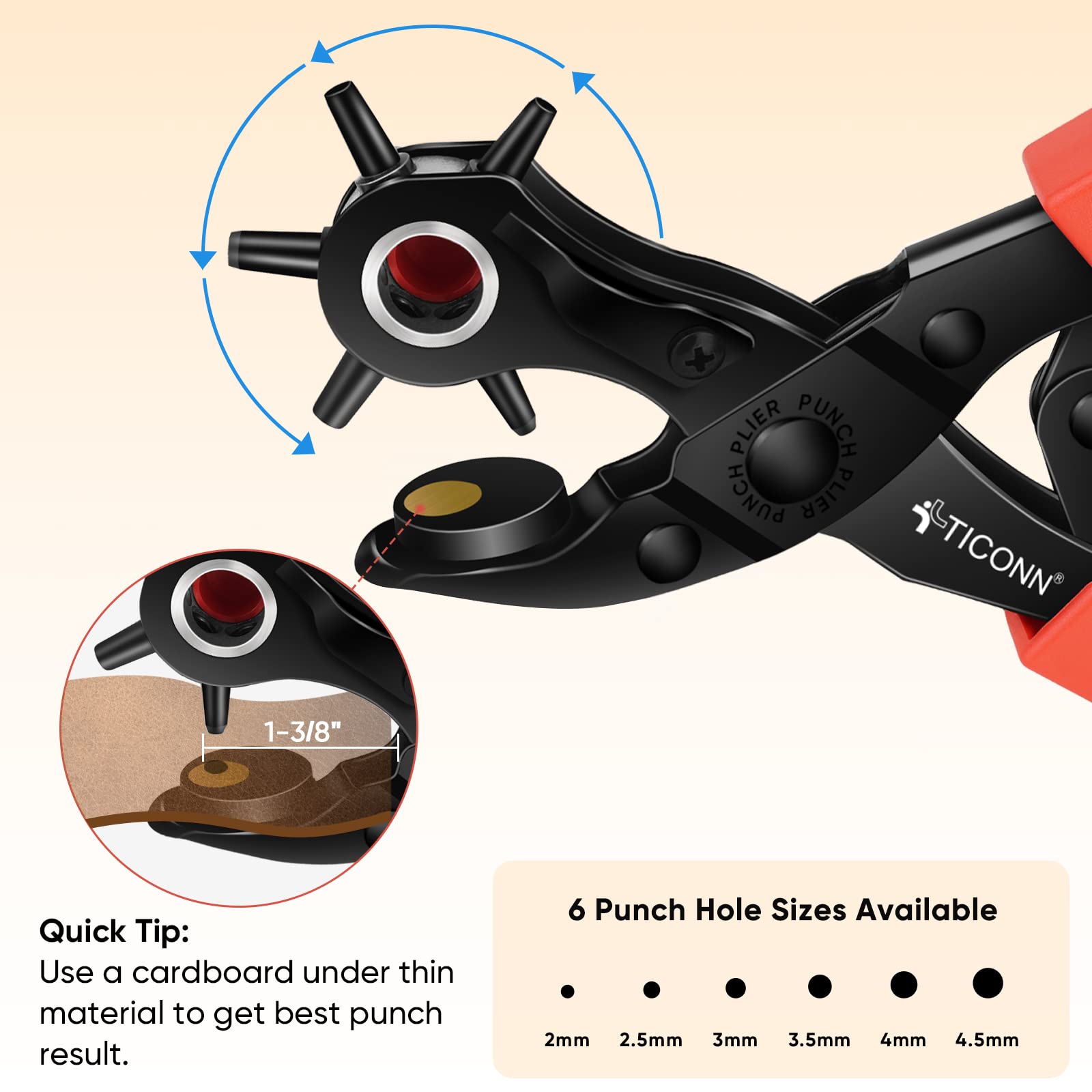 TICONN Leather Hole Punch Tool Set, Heavy Duty Multi-Size Hole Puncher Tool for Belts, Watch Bands, Plastic, Fabric