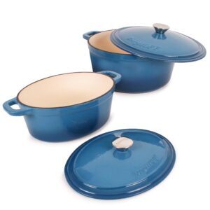 BergHOFF 6Pc Neo Enameled Cast Iron Dutch Oven Set, Matching Lid,Fast, Evenly Heat, Oven Safe, Blue