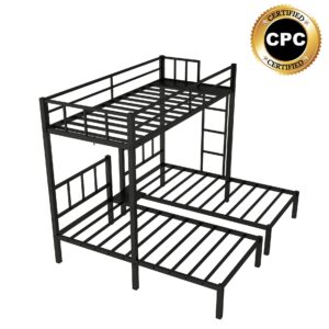 Triple Bunk Beds for 3 Twin Over Two Twin Metal Bunk Bed Frame Three Beds Bunk Bed with Storage Shelf for Kids Boys Girls Teens, Black