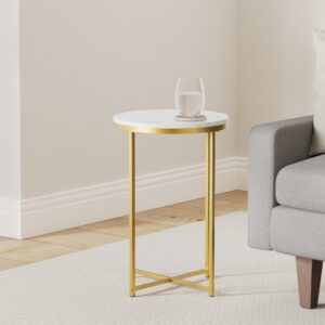 TECHMILLY Round End Table, Faux Marble Sofa Table, Accent Side Table with Metal Frame, Modern Gold Nightstand, Tall Coffee Table for Living Room, Bedroom-2 Packs