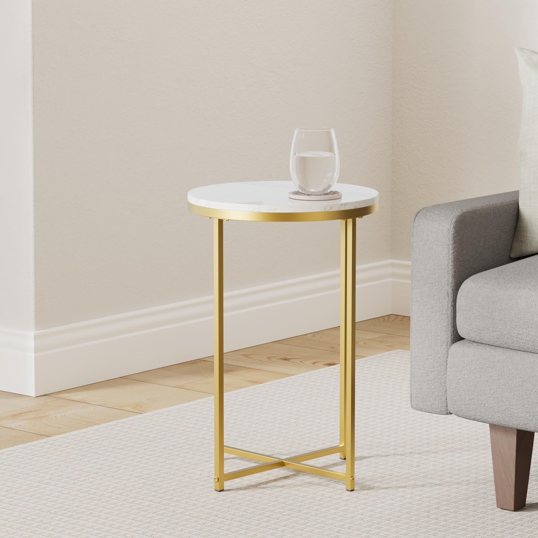 TECHMILLY Round End Table, Faux Marble Sofa Table, Accent Side Table with Metal Frame, Modern Gold Nightstand, Tall Coffee Table for Living Room, Bedroom-2 Packs