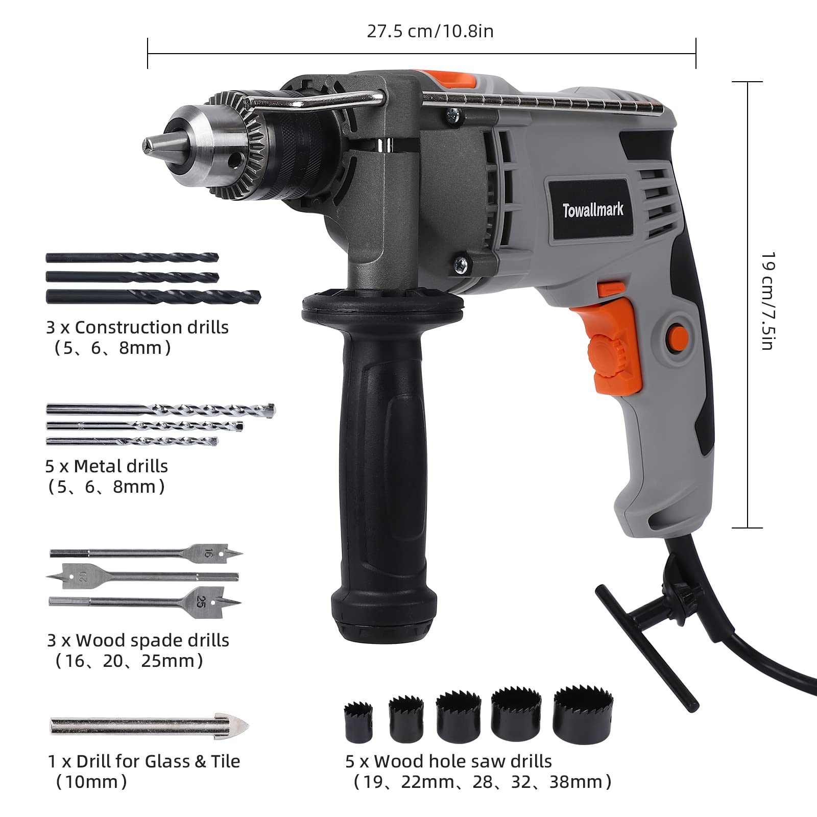 Towallmark 7.5-Amp Hammer Drill with Aluminum Alloy Housing, 1/2-Inch Corded Electric Hammer Drill with 3000RPM, Variable Speed, 15 Drill Bits with Toolbox for Home Improvement, DIY