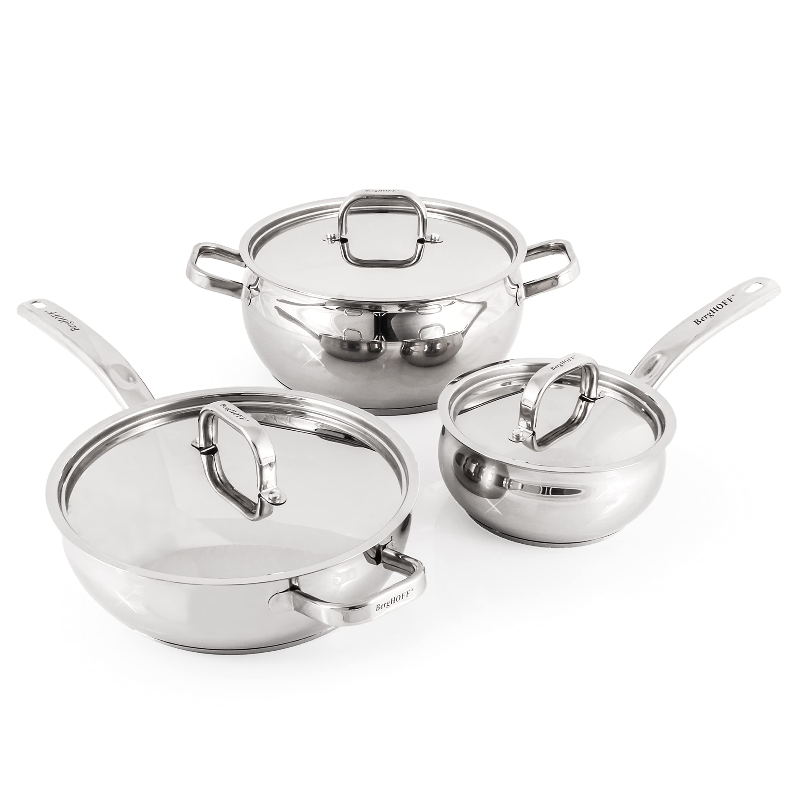 BergHOFF Belly Shape 18/10 Stainless Steel 6Pc Starter Cookware Set, Metal Lids, Fast, Evenly Heat, Induction Cooktop Ready