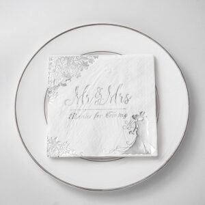 200 Pcs Silver Wedding Napkins for Reception Mr and Mrs Wedding Cocktail Napkins, Disposable Napkins for Wedding, Engagement, Bridal Shower Party Decorations