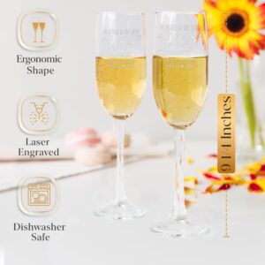 Set of 2, Personalized Wedding Champagne Flute Glasses 8 oz. Custom Engraved with Names and Date, Toasting Flutes for Bride, Groom, Newlyweds (Said Yes)